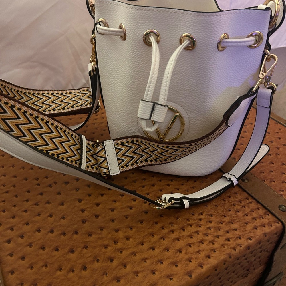 Valentino White Bucket Bag with Chevron Strap